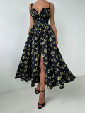 Floral suspender skirt summer low neck tie high waist slit high waist printed dress
