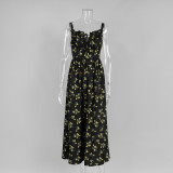 Floral suspender skirt summer low neck tie high waist slit high waist printed dress