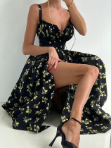 Floral suspender skirt summer low neck tie high waist slit high waist printed dress