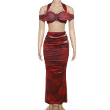 Summer women's sexy halter neck off shoulder camisole slim fit pleated skirt set