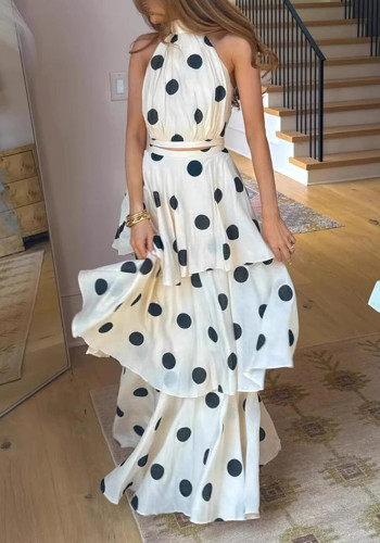 Polka Dot Print Halter Neck Sleeveless Top Cake Skirt Set