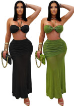 Women Sexy Bandeau Top Ruched Long Skirt Set