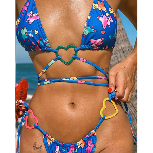 Printed Bear Bikini Heart Strap Two-Piece Swimsuit