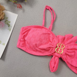 Pink Skirt Three-Piece Bikini Checkerboard Towel Material Women's Swimsuit