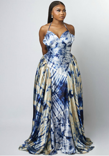 Women summer v-neck sleeveless tie dye long maxi dress