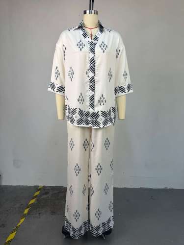 Autumn Women's Turn-Down Collar Printed Loose Blouse & Wide-Leg Pants Casual Set