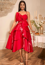 Red Bow Sexy Strap Vest Asymmetric Maxi Skirt Two-Piece Set