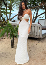 Knitted solid color sexy slim dress with straps and backless vacation style women's clothing