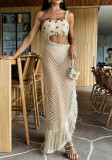 Braided one-shoulder sexy hollow out beach holiday tassel dress for women