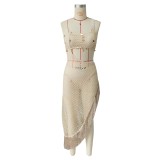 Braided one-shoulder sexy hollow out beach holiday tassel dress for women