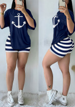 Women's Letter Print Short Sleeve Loose T-Shirt Stripes Biker Shorts Two-Piece Set