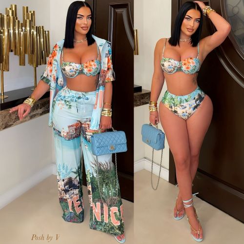 Women's Fashion Printed Casual Blouse Pants Beach Vacation Four-piece Set