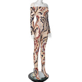 Women print off shoulder long sleeve bodycon jumpsuit