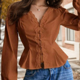 French lace long-sleeved blouse autumn V-neck pleated tie waist single-breasted multi-button top