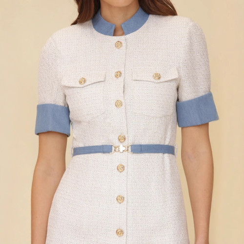 Elegant contrast color beige round neck belt-decorated women's dress