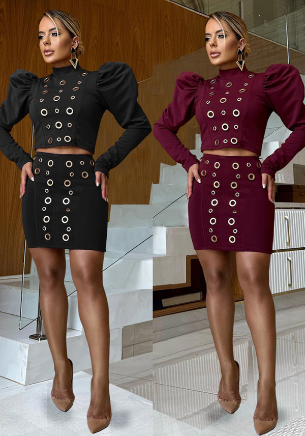 Women's O-Ring Long-Sleeve Top Mini Skirt Two-Piece Set
