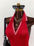 Women Sporty Red Backless Halter Neck Slim Tight Jumpsuit