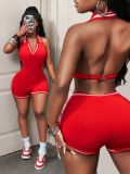 Women Sporty Red Backless Halter Neck Slim Tight Jumpsuit