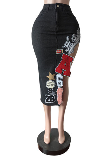 Stretch Denim Embroidered Irregular Maxi Skirt