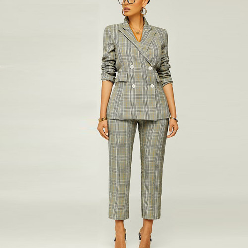 Women Autumn Long Sleeved Plaid Print Professional Blazer and Pant Two-Piece Set
