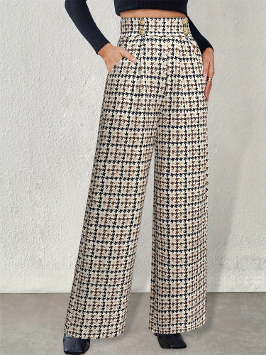 Women's Pants Wide Leg Pants Elegant Houndstooth High Waist Double Breasted Straight Pants