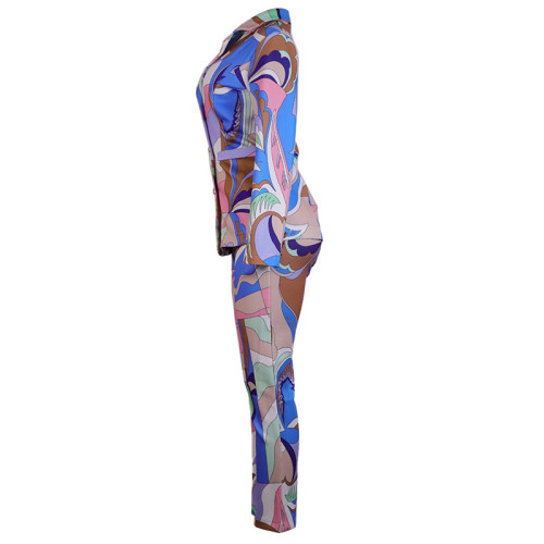 Women Autumn Print Long Sleeves Blazer and Pant Two-Piece Set