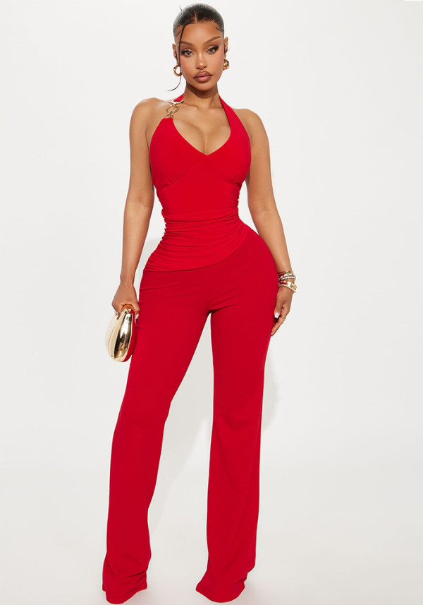 Women Solid Sexy Red  Halter Neck Jumpsuit