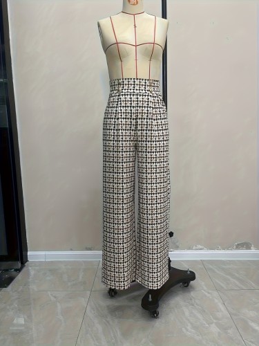 Women's Pants Wide Leg Pants Elegant Houndstooth High Waist Double Breasted Straight Pants