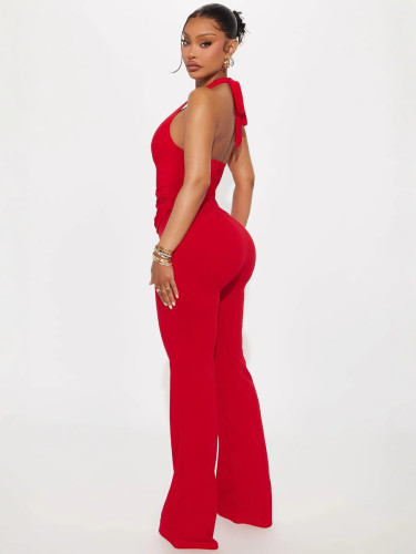 Women Solid Sexy Red  Halter Neck Jumpsuit