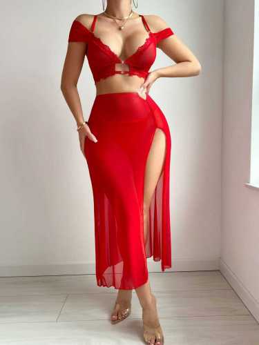 Women's sexy slit skirt slim fit lingerie three piece set