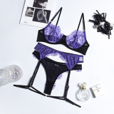 Women's mesh see-through contrast color sexy garter lingerie four-piece set