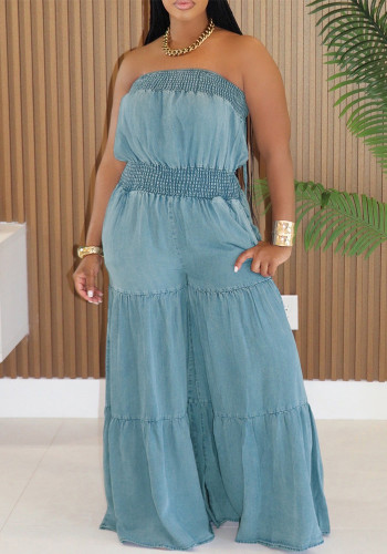 Women Denim Sleeveless Wide-Leg Tube Jumpsuit