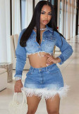 Women Stretchy Denim Feather Long-Sleeved Crop Jacket Mini Skirt Two-Piece Set
