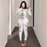 Women Sexy Mesh See-Through Long Sleeve Round Neck Fishnet Jumpsuit