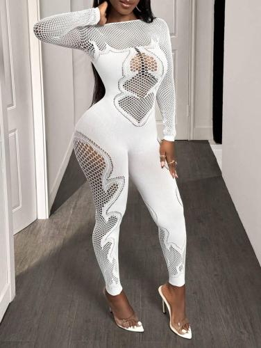 Women Sexy Mesh See-Through Long Sleeve Round Neck Fishnet Jumpsuit