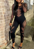 Women Sexy Mesh See-Through Long Sleeve Round Neck Fishnet Jumpsuit