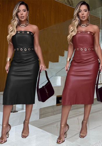 Women Sexy Strapless Leather Tube Dress