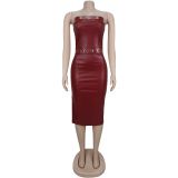 Women Sexy Strapless Leather Tube Dress