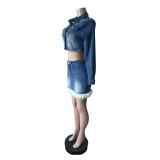 Women Stretchy Denim Feather Long-Sleeved Crop Jacket Mini Skirt Two-Piece Set