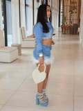 Women Stretchy Denim Feather Long-Sleeved Crop Jacket Mini Skirt Two-Piece Set
