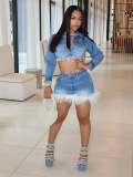 Women Stretchy Denim Feather Long-Sleeved Crop Jacket Mini Skirt Two-Piece Set