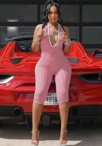 Women Striped Red V-neck Backless Short Jumpsuit