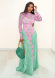 Contrast Color Long Sleeve Print Long Maxi Dress