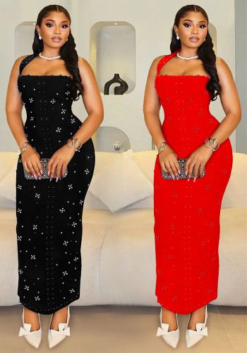 Women Halter Neck Beaded Long Bodycon Dress