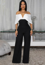 Women Casual White and Black V-Neck Strapless Elegant Jumpsuit
