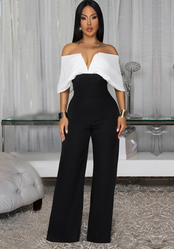 Women Casual White and Black V-Neck Strapless Elegant Jumpsuit