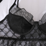 Black see-through lace gathered slim sexy lingerie set with feather gloves