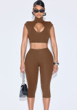 Women's Solid Color Round Neck Crop Top Pants Set