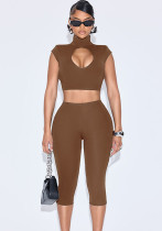 Women's Solid Color Round Neck Crop Top Pants Set