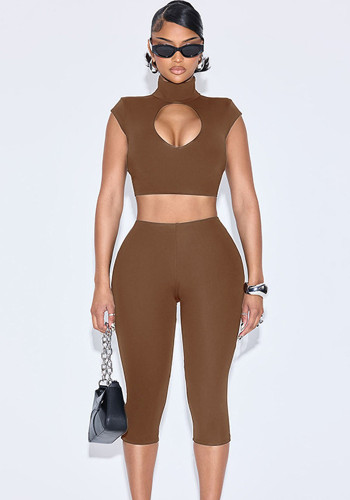 Women's Solid Color Round Neck Crop Top Pants Set